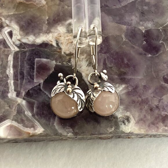 Sterling Silver 925 14K Yellow Gold Dainty Floral Rose Quartz Dangle Earrings - Picture 11 of 15